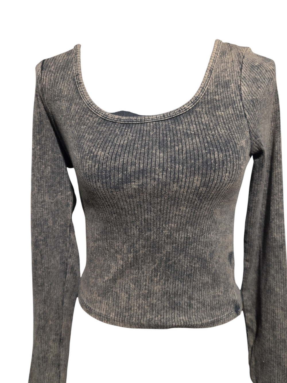 Wild Fable Gray Heathered Ribbed Long Sleeve Scoop Neck Top M